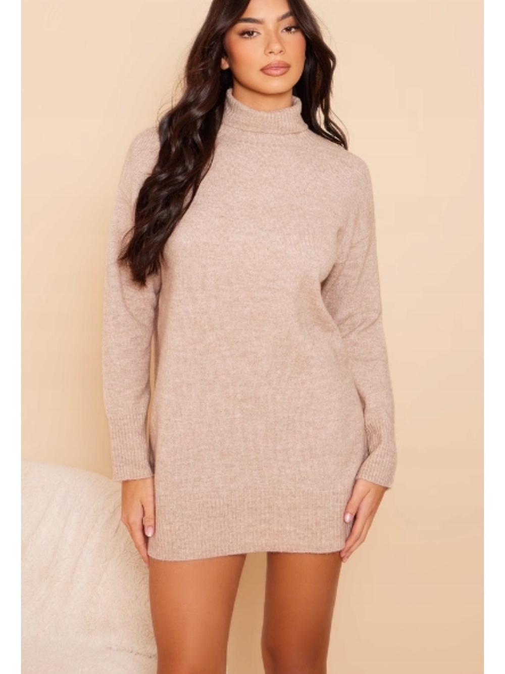 PrettyLittleThing Mocha Marl Knit Roll Neck Sweater Dress
